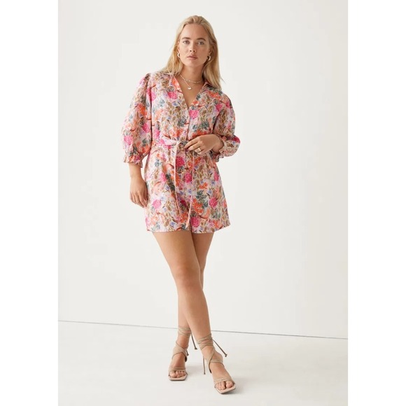 & Other Stories Pants - & Other Stories Pink Floral Linen Puff Sleeve Belted Romper Size 6 Casual Travel